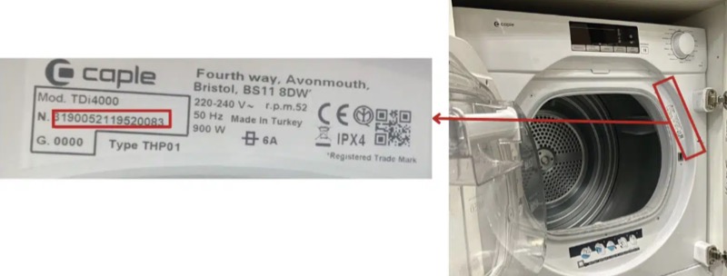 caple tumble dryer recall serial number