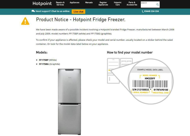 Hotpoint FF175BP fridge freezer safety notice