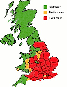 A map showing the water hardness across the UK