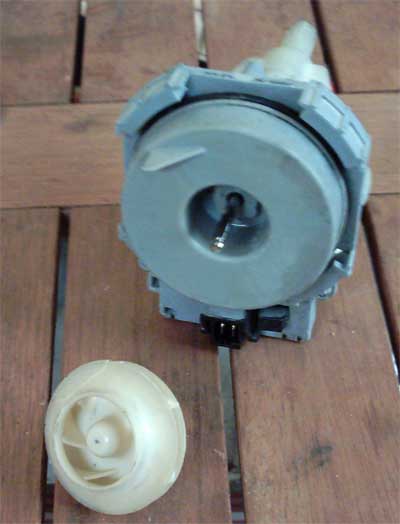 Askoll produced Whirlpool dishwasher recirculation pump shown with the impellor off
