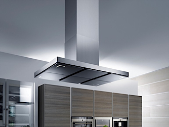 A typical stainless steel island cooker hood