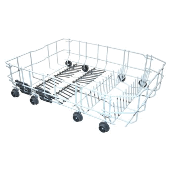 A typical dishwasher basket complete with wheels or runners etc