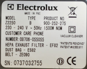 Electrolux product's rating plate shown it was made in China