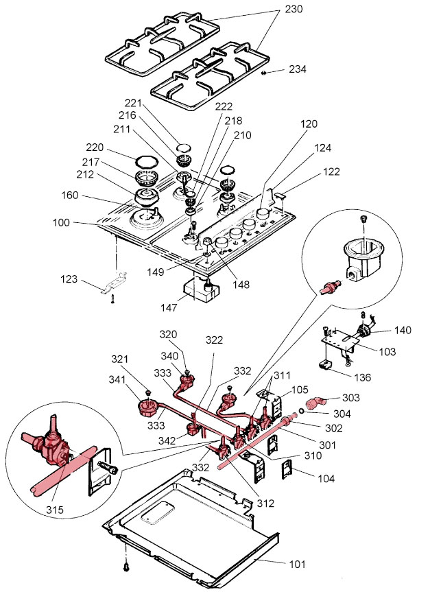 blow out diagram of gas hob to show spar parts