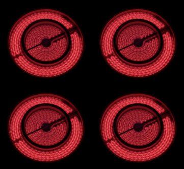 A ceramic hob with the heating zones all on