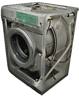 The view of the inside of a modern washing machine in a cutaway