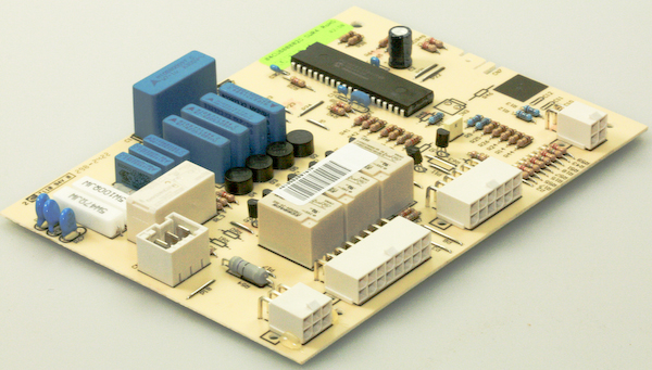 The capacitors on the rear electronic control unit for Whirlpool made American side by side fridge freezer models