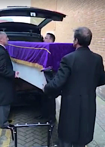 man returns fridge using hearse