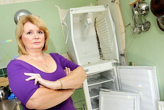 Kathy Cullingworth with her exploded Creda fridge freezer