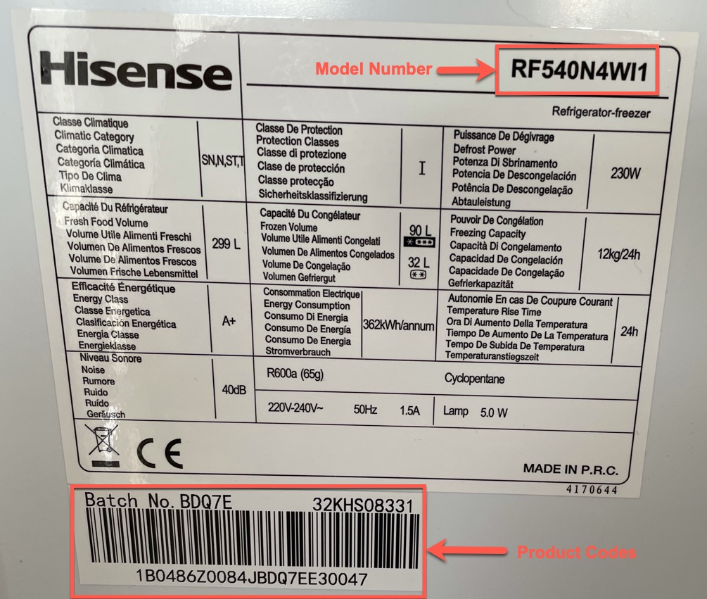 hisense fridge freezer rating plate
