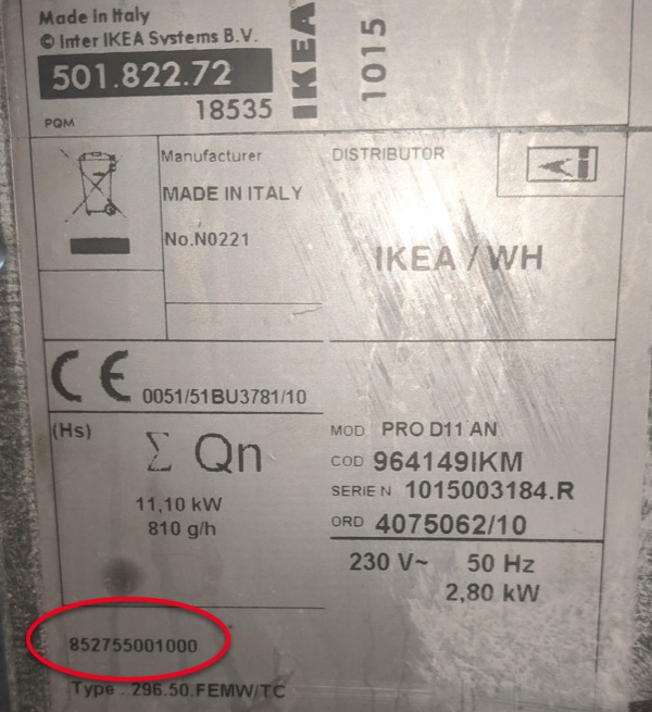 Ikea cooker rating plate
